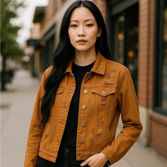 Refuge Tan Jean Jacket Fitted Distressed Size Small - Picture 1 of 11